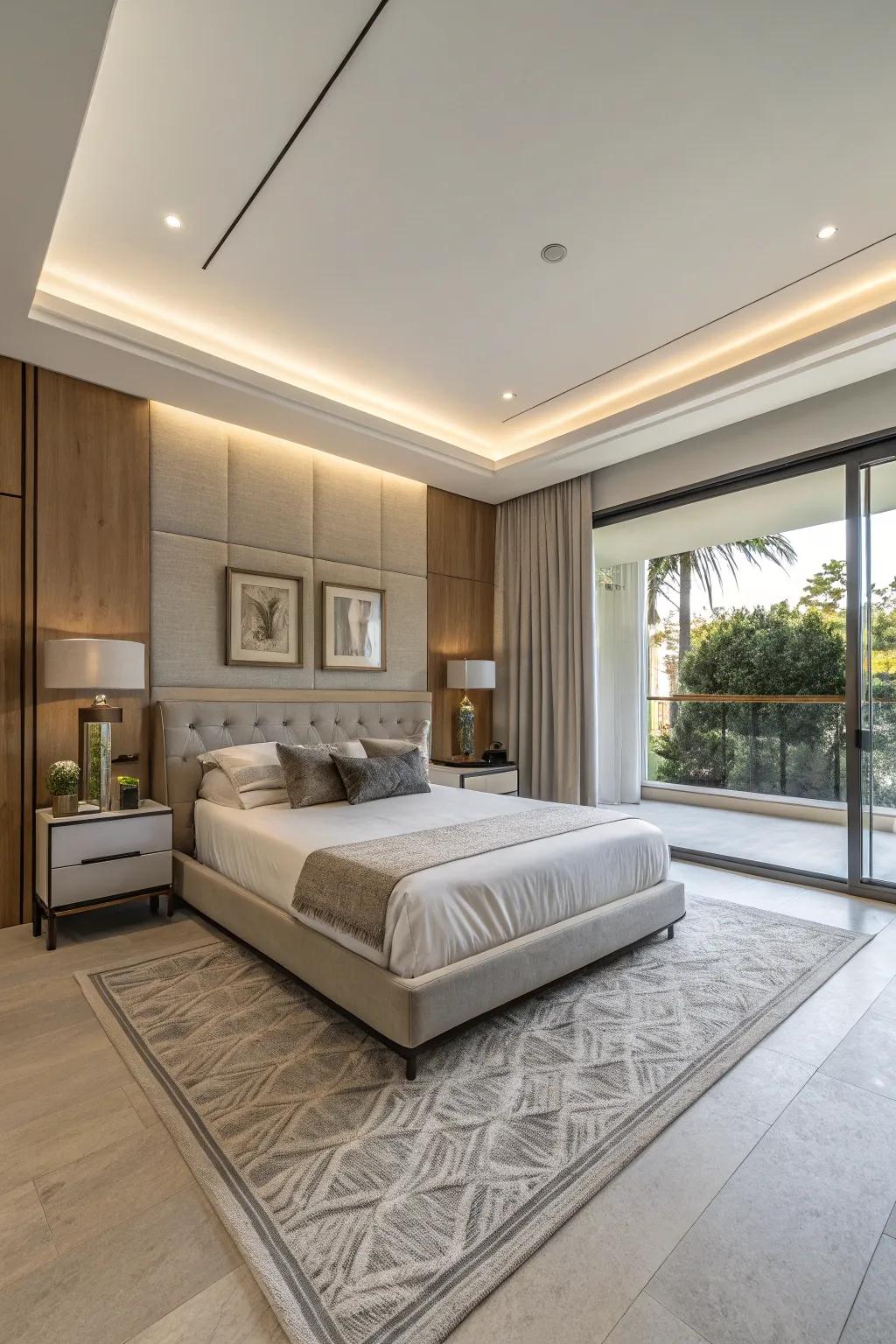 A modern bedroom showcasing simple furniture for a spacious feel.