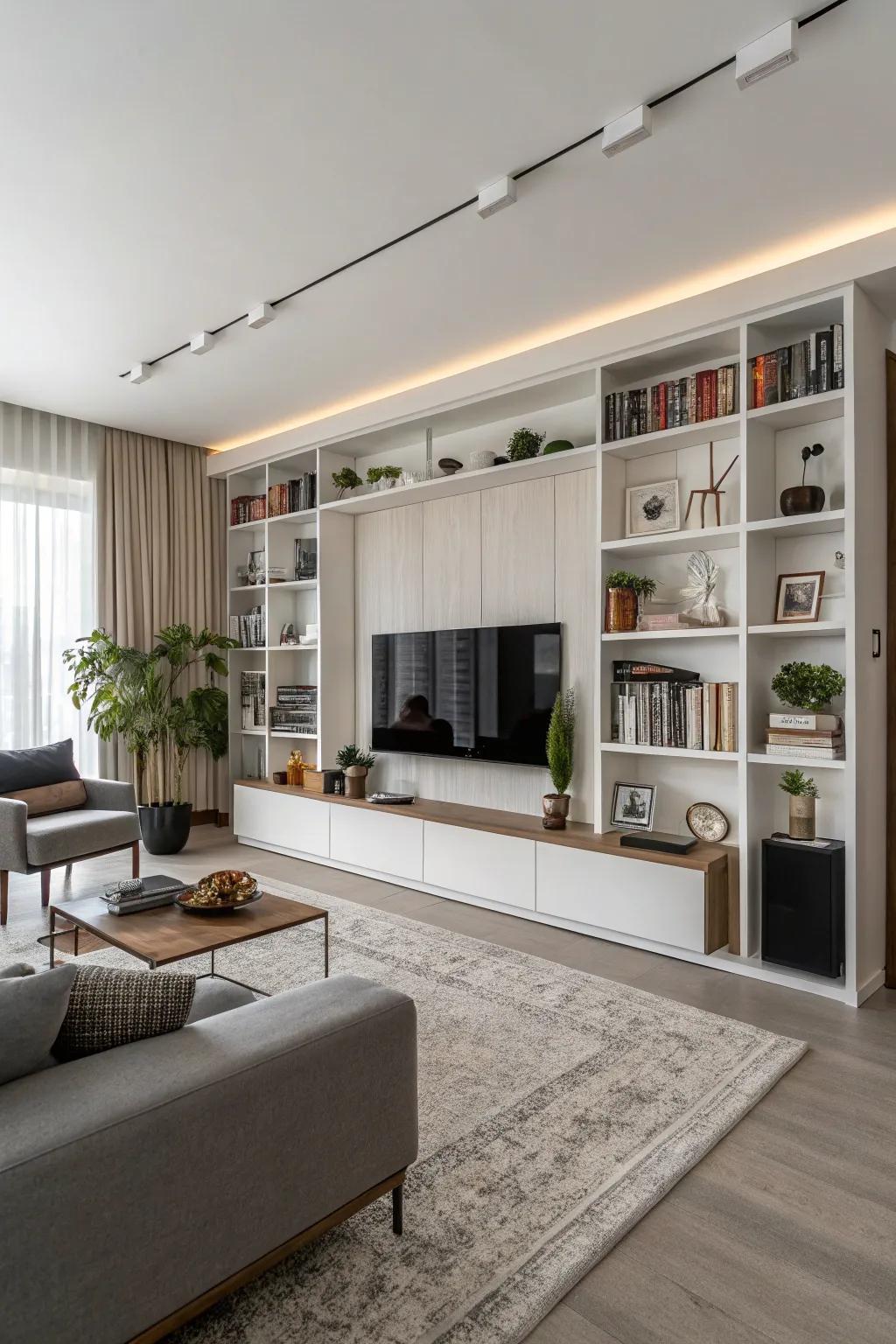 Integrated shelving evolves a media wall into an artistic and functional display.