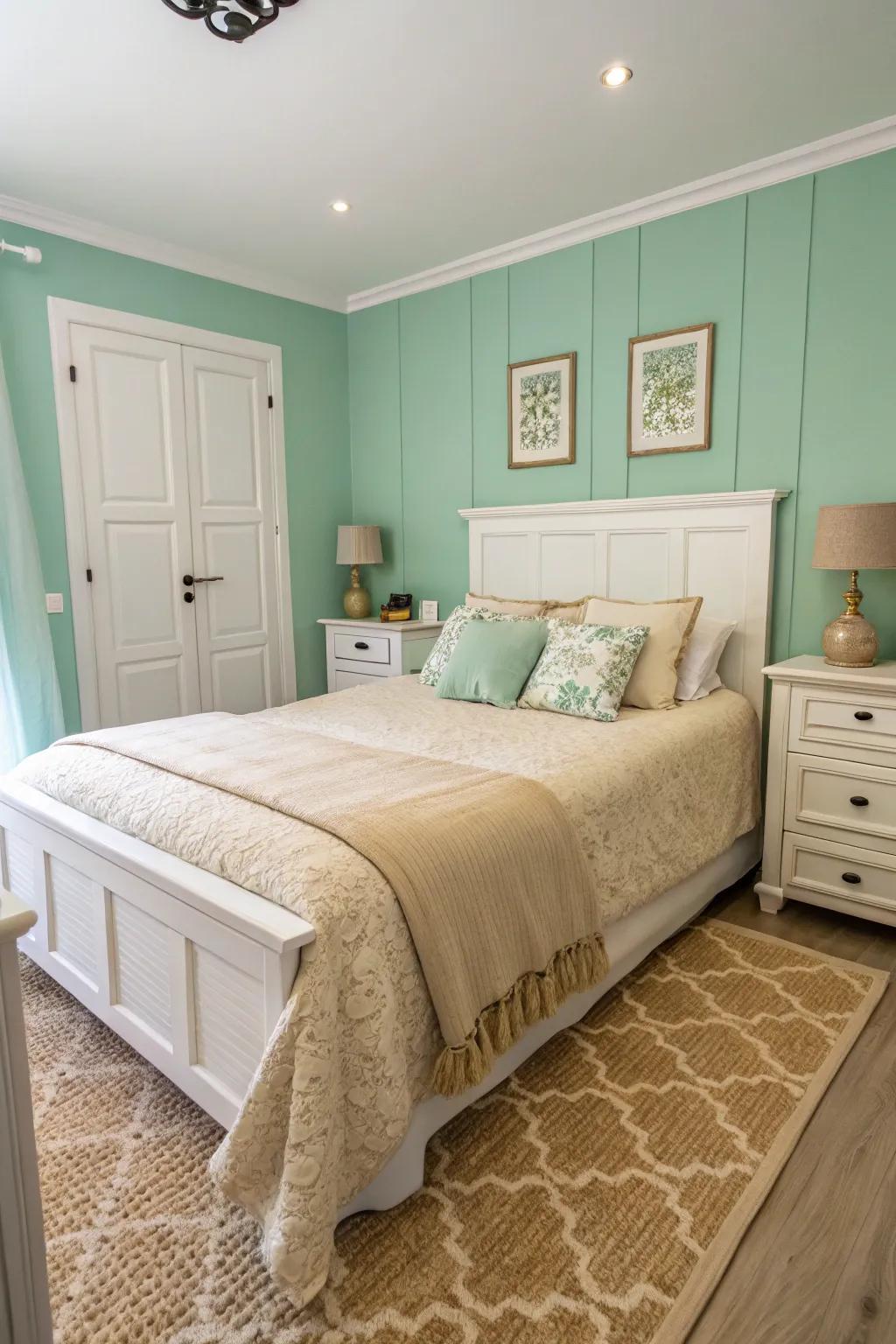 A modern bedroom with mint green walls and neutral accents.