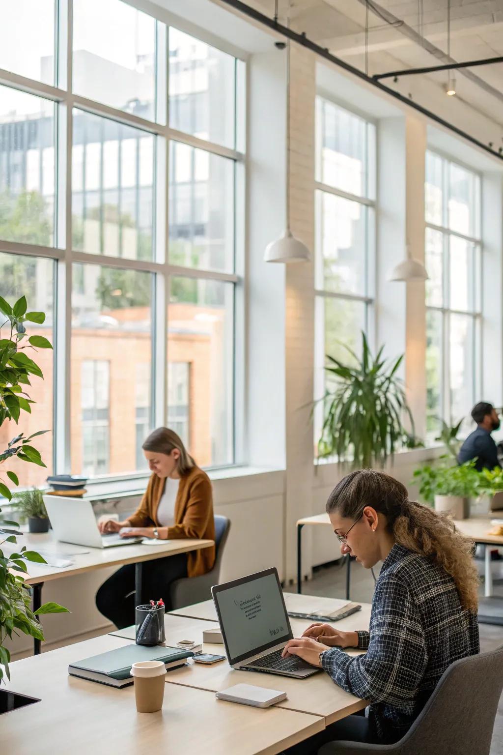 An office setting with expansive windows allowing plenty of sunlight.