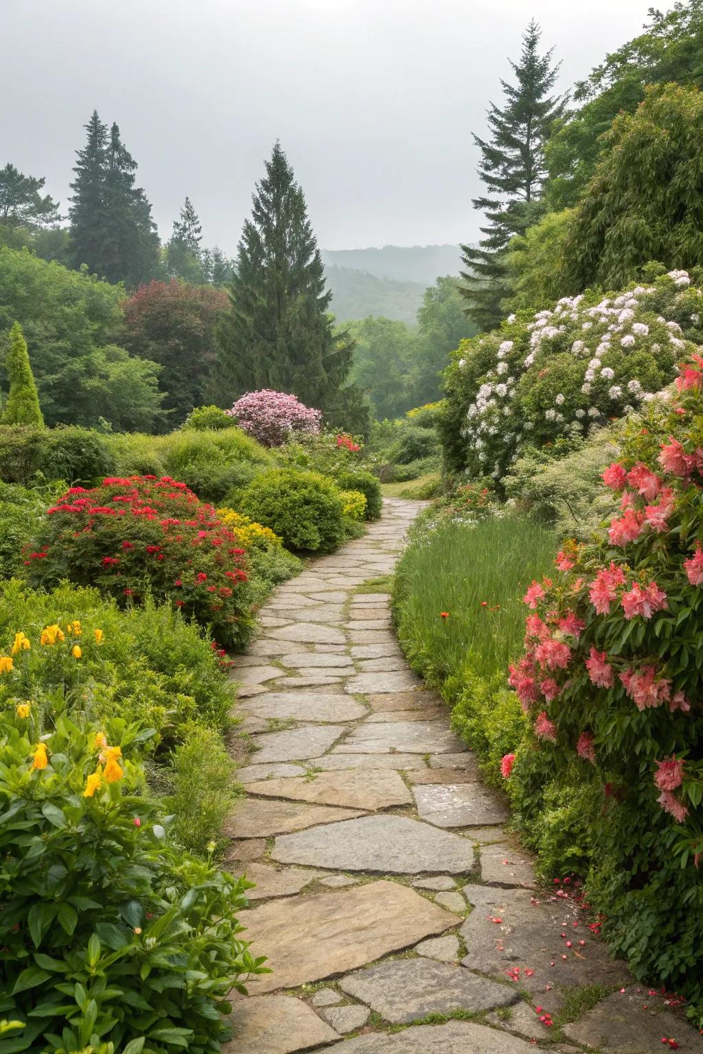 A serene garden path made from natural stone, harmonizing with the surrounding greenery.