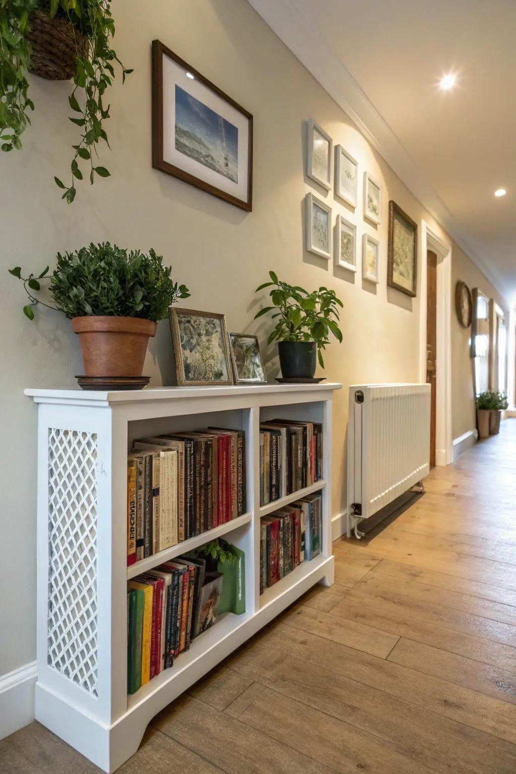 A radiator cover that doubles as a functional shelf space.