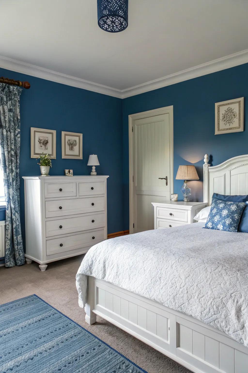 White furnishings present a stunning contrast against indigo walls, imbuing a refreshing vibe.