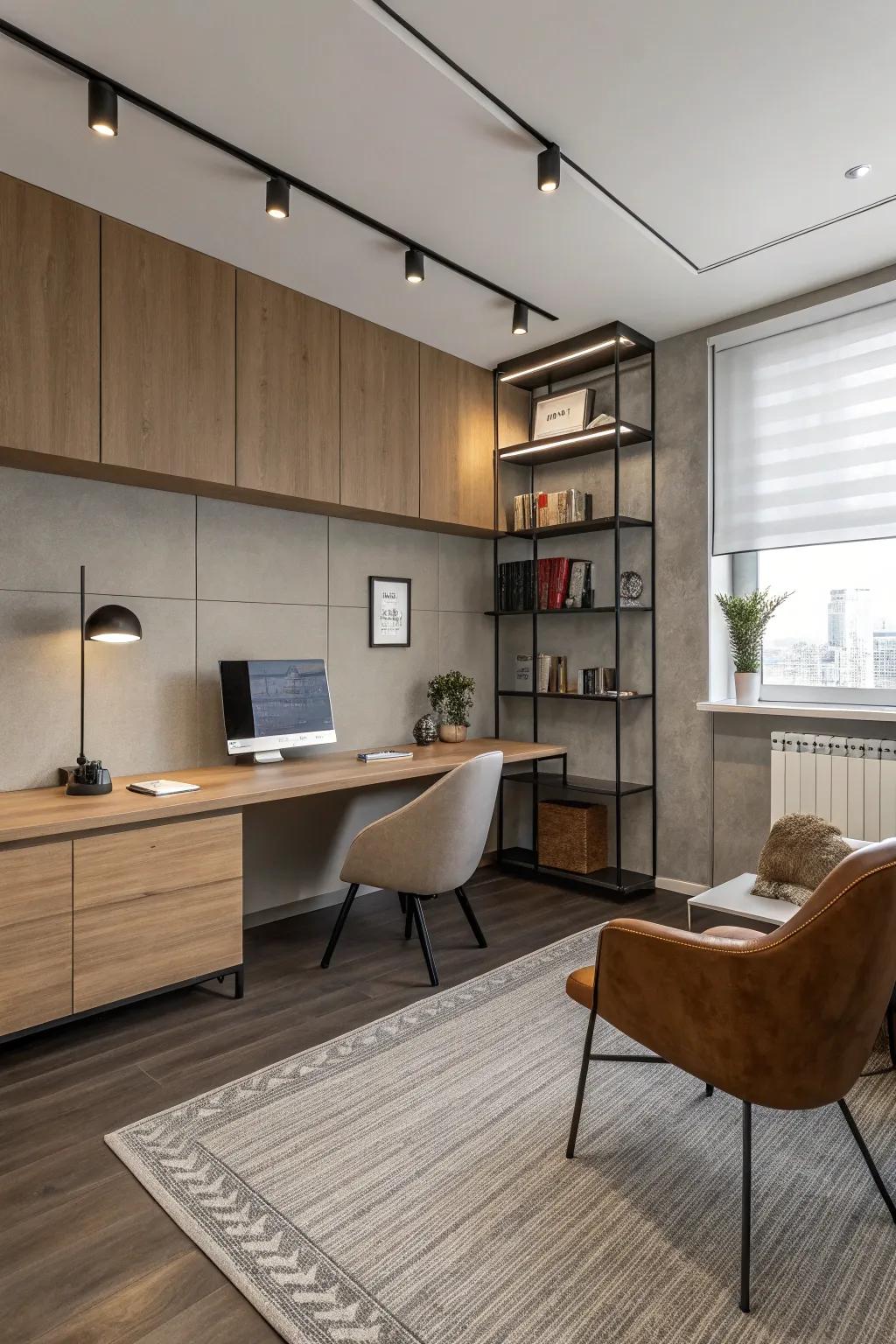 An understated color scheme guarantees a composed and soothing office setting.