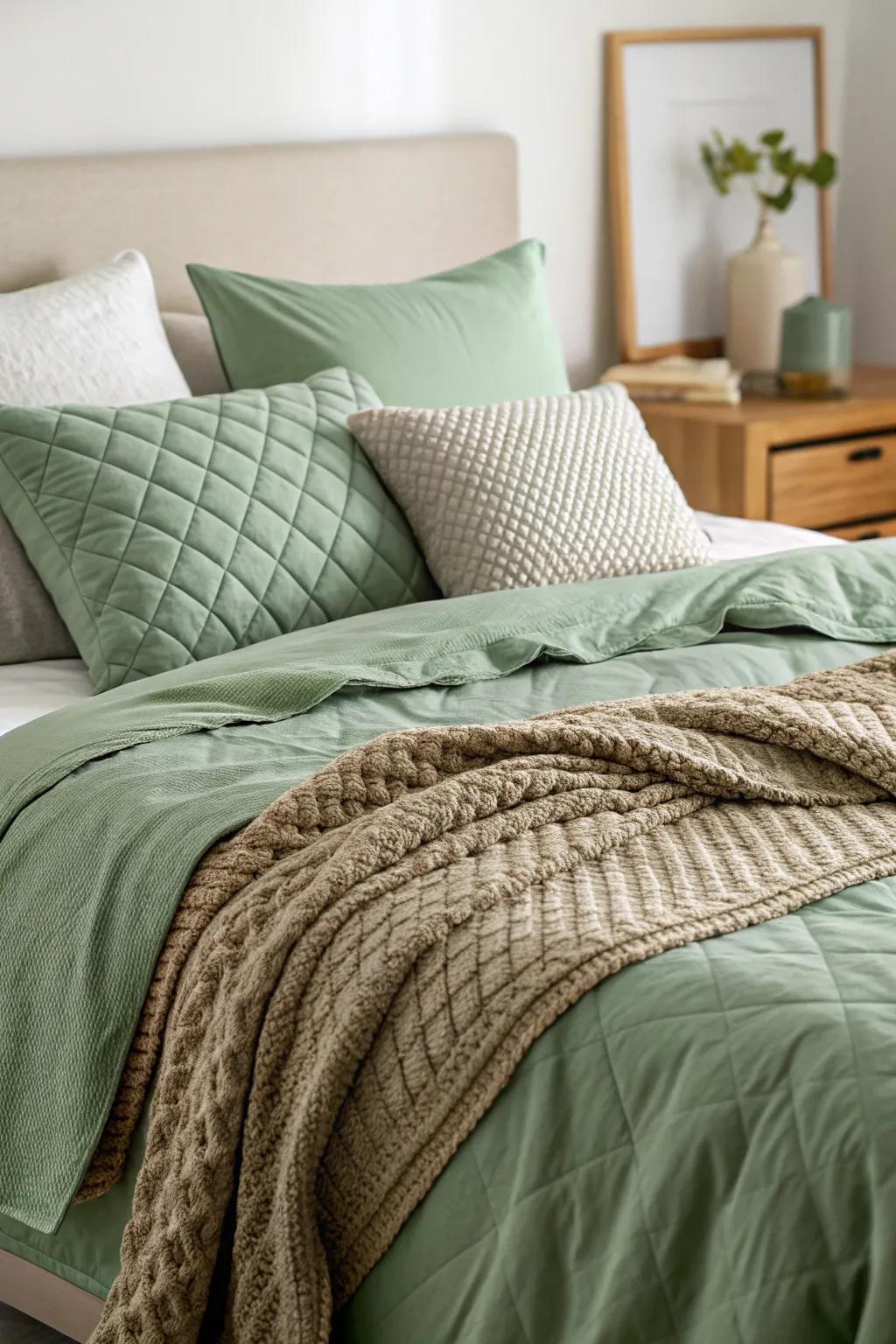 Soft green bedding provides a harmonious and cozy retreat.