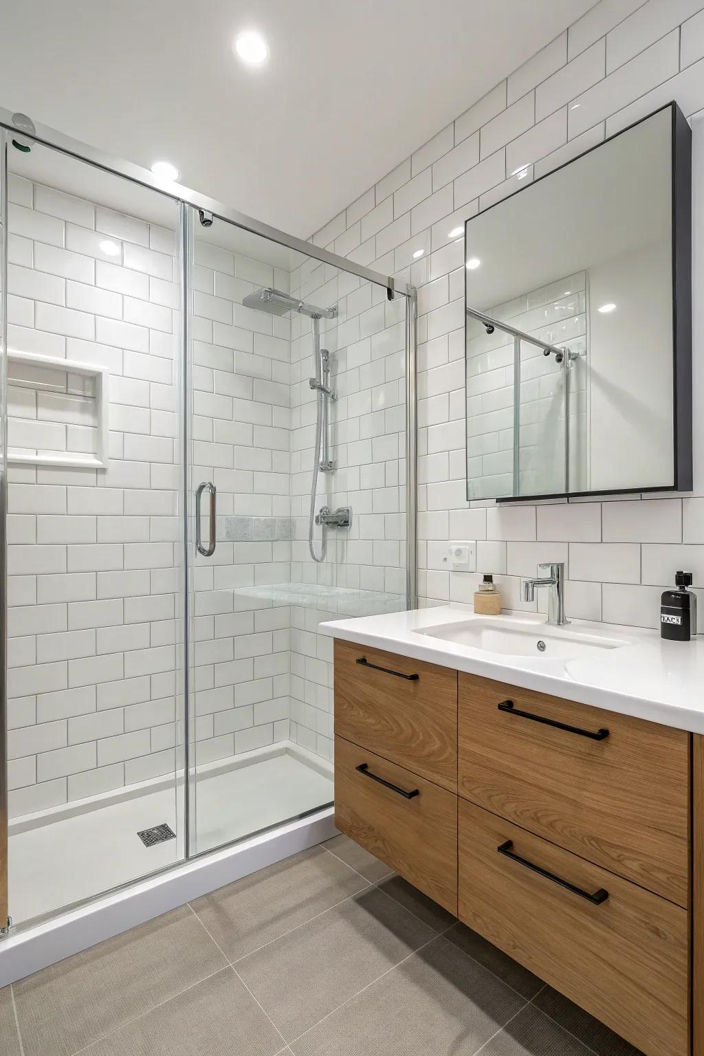 A minimalist bathroom showcasing a polished, uncluttered shower design.
