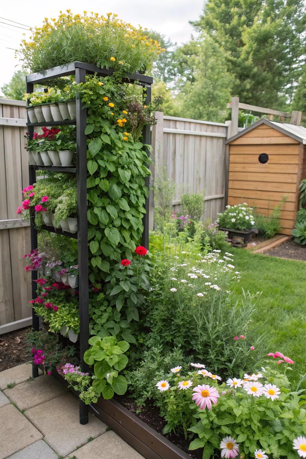 Vertical gardening adds height and greenery to compact spaces.