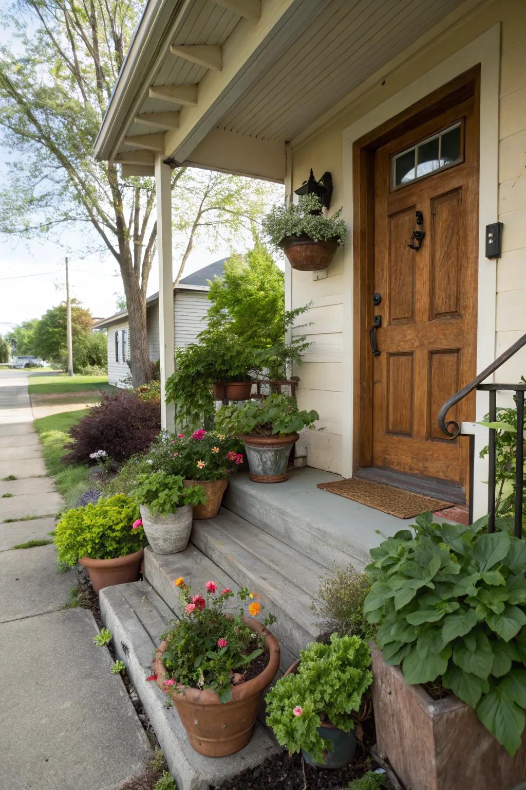 A petite front porch adorned with a selection of potted plants for a natural accent.