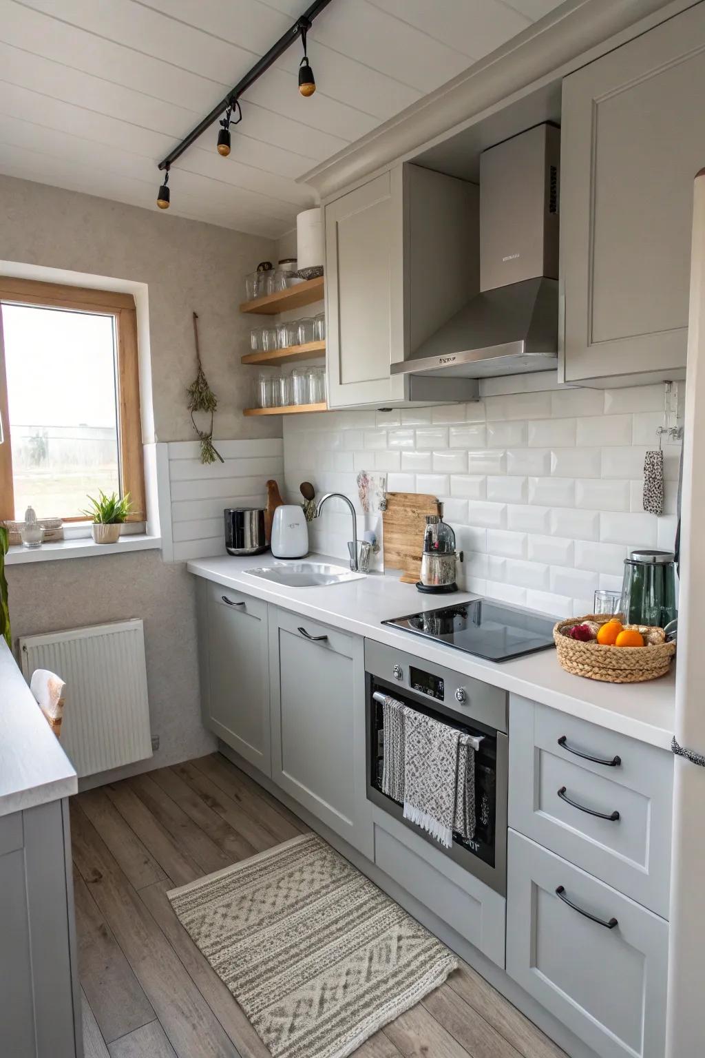 A tiny kitchen that makes use of light colors to give the impression of greater space.