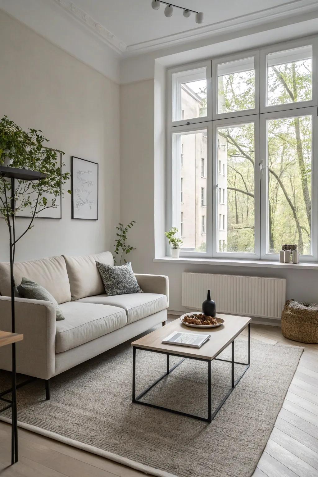 Minimalist furnishings featured in a streamlined, contemporary living space, promoting a tidy and spacious environment.