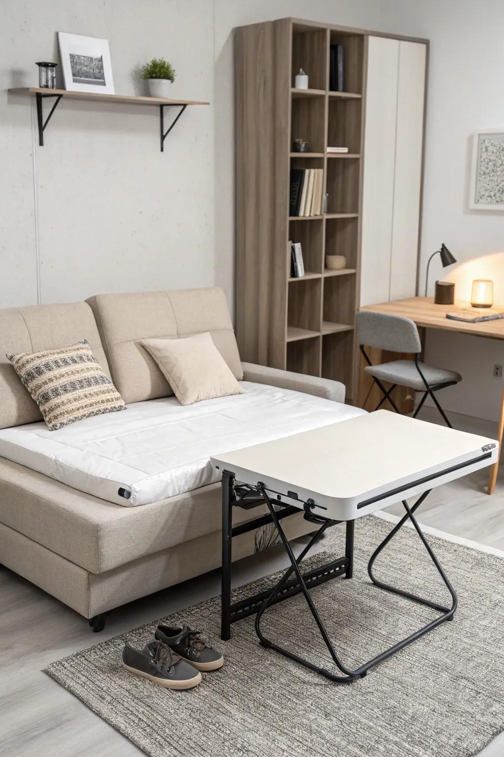 A studio apartment with minimalist furniture, including a stylish sofa bed and an extendable table.