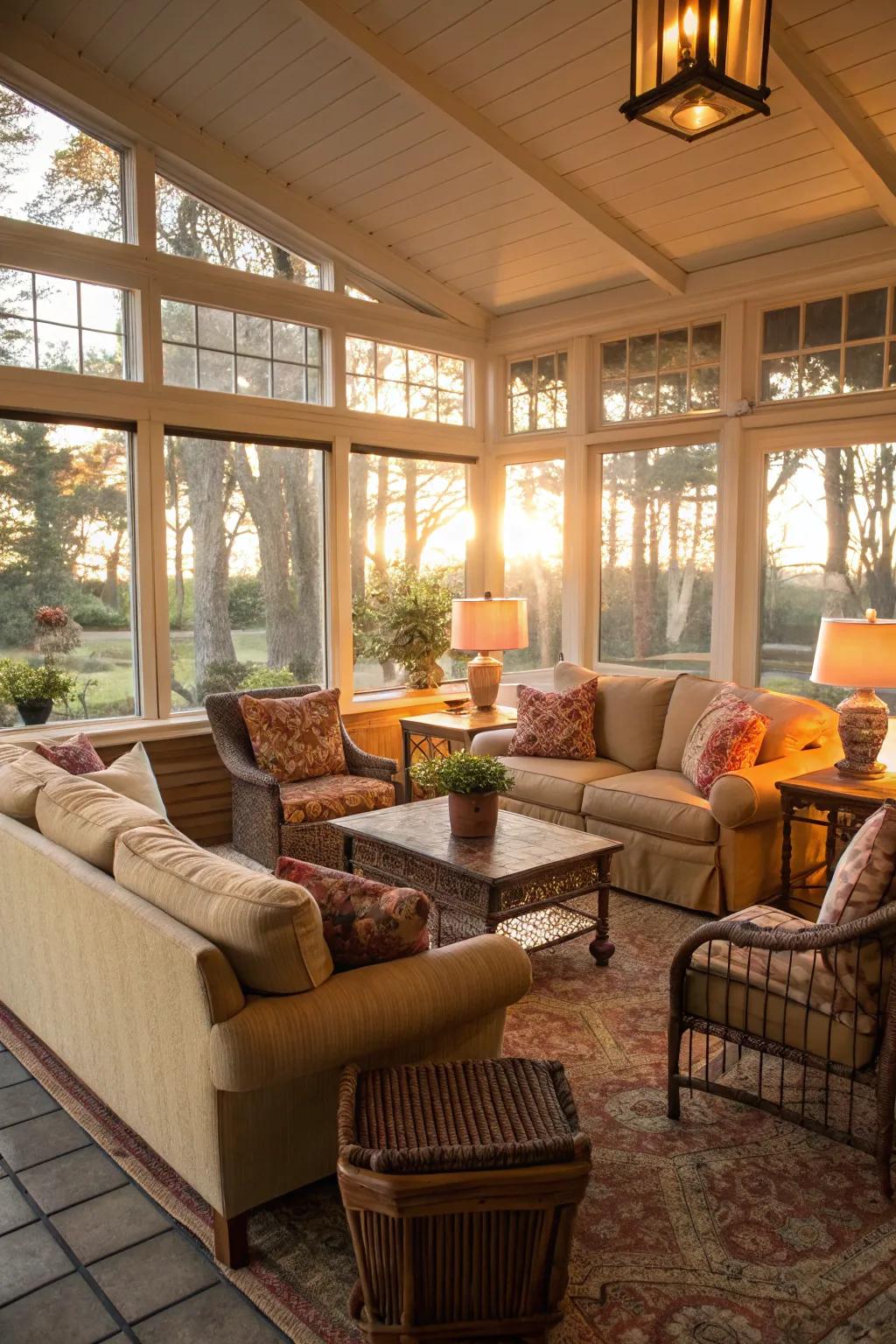 A cozy seating arrangement in a sunroom, perfect for relaxing afternoons.