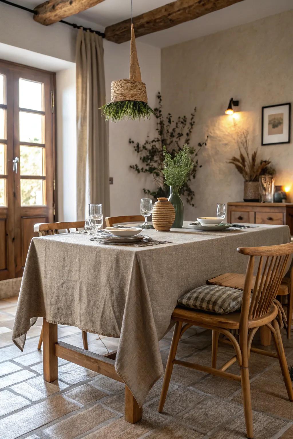 Soft earth tones cultivate a tranquil ambiance in the dining space.
