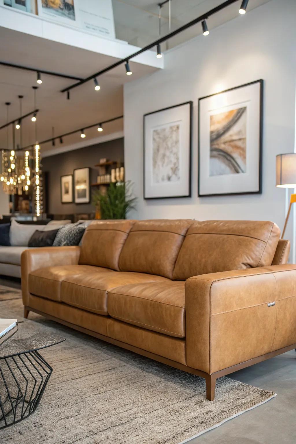 Modern artwork brings vibrancy to a family room featuring a tawny hide couch.