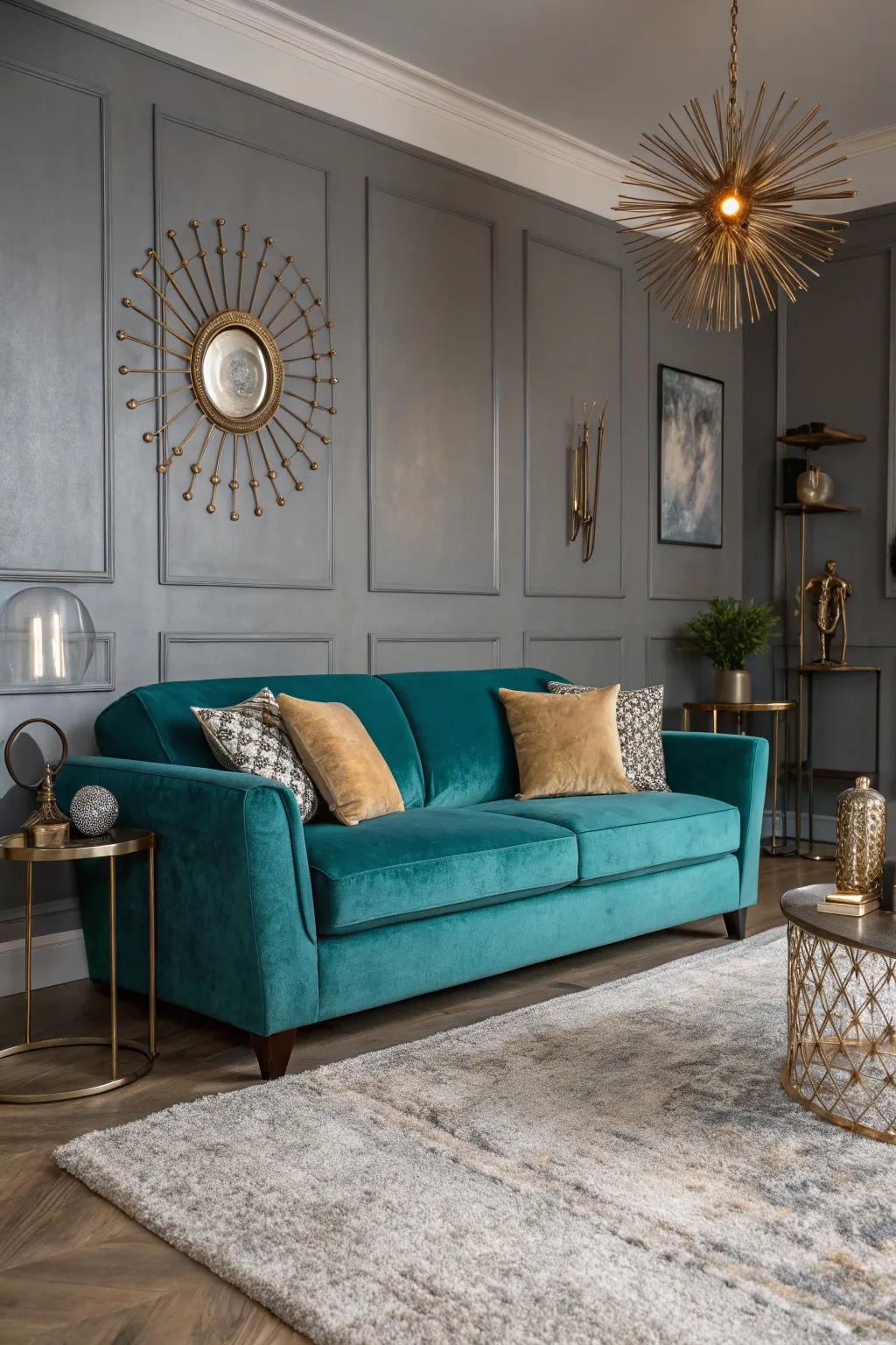A sea-green plush seating makes a luxurious focal point in a gray-themed living room.