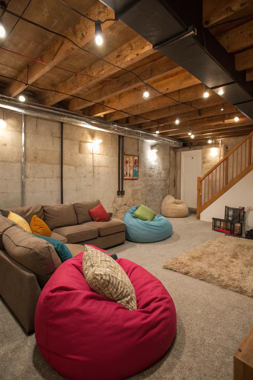 A comfy seating zone in a modern unfinished basement.