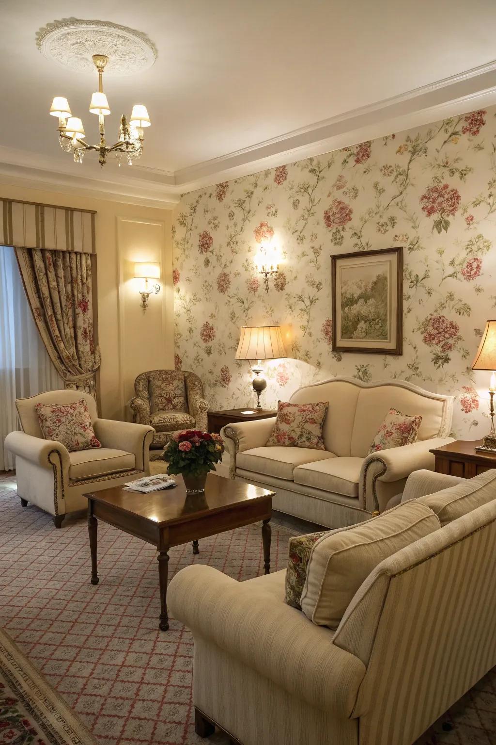 Refined floral wallcovering adds sophistication to a living room.