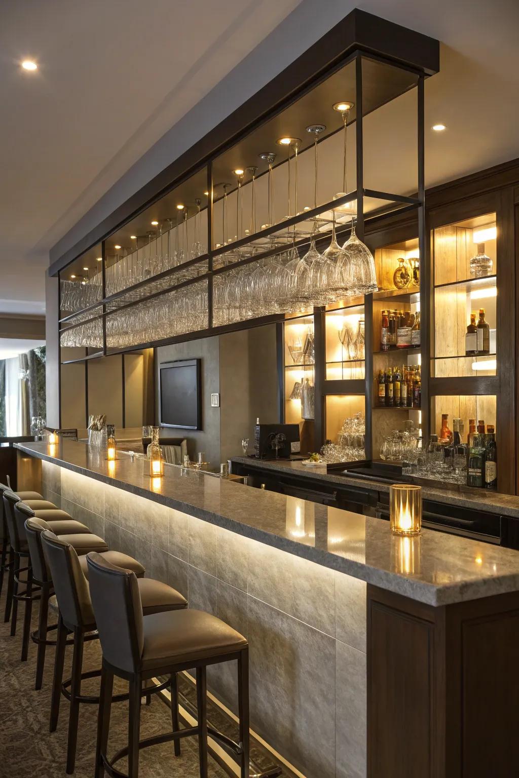 Warm lighting brings a cozy glow to a modern wet bar.