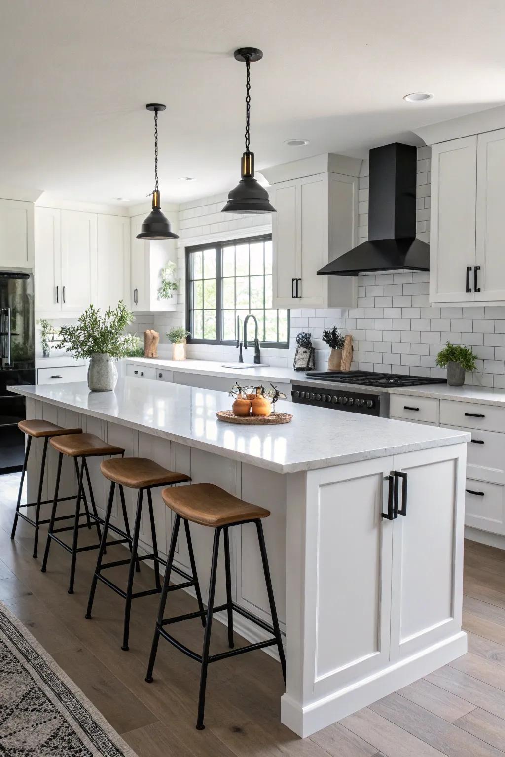 Assertive black embellishments enhance the kitchen's polished design.