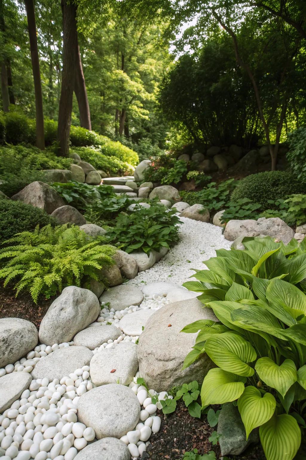 A vibrant garden showcasing a mesmerizing contrast between white stones and rich green plants.