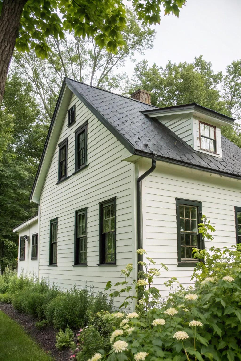 A modern white siding house with striking dark roof and window frames.