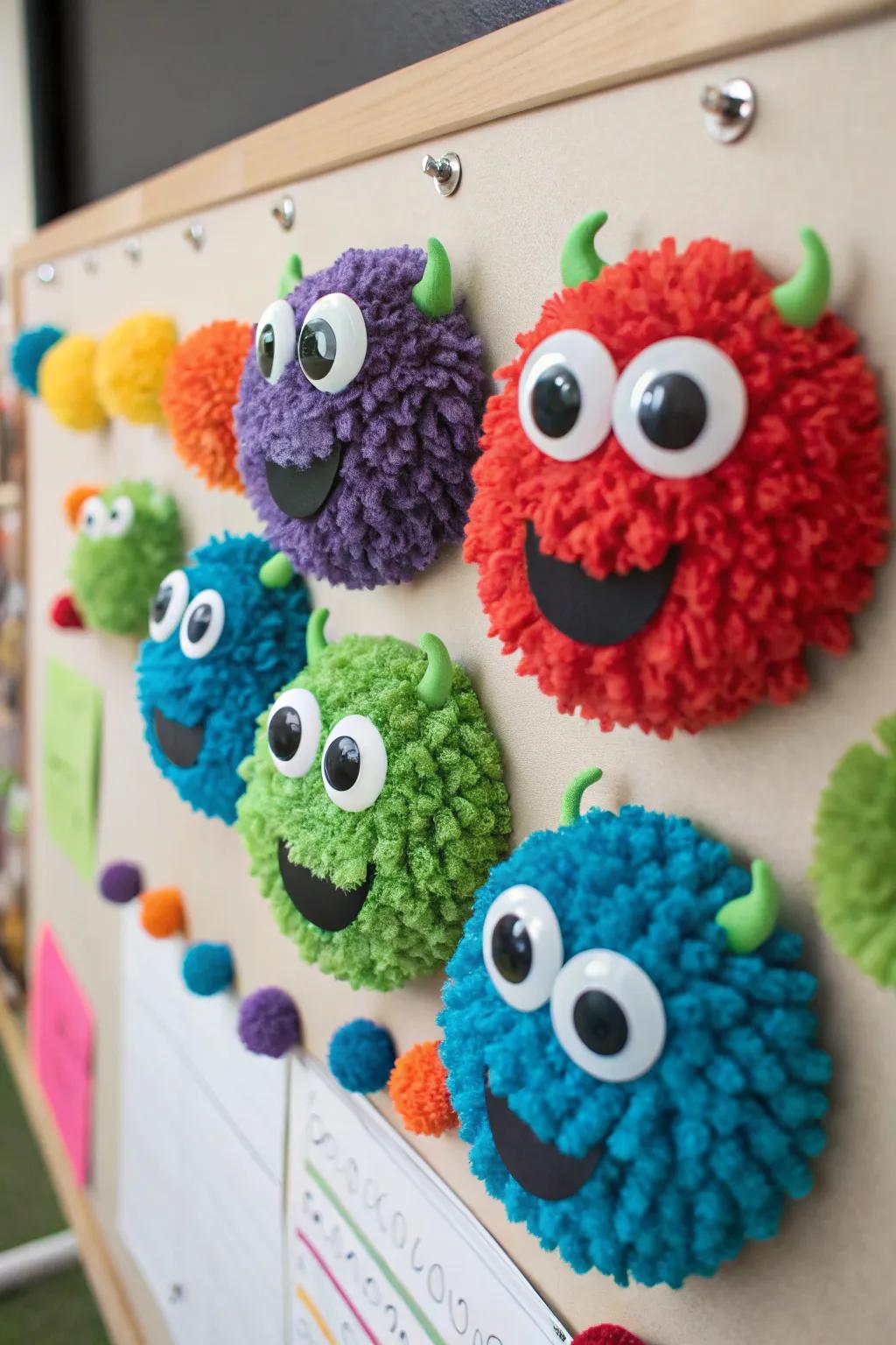 Three-dimensional monster faces that introduce a playful, tactile aspect to the bulletin board.