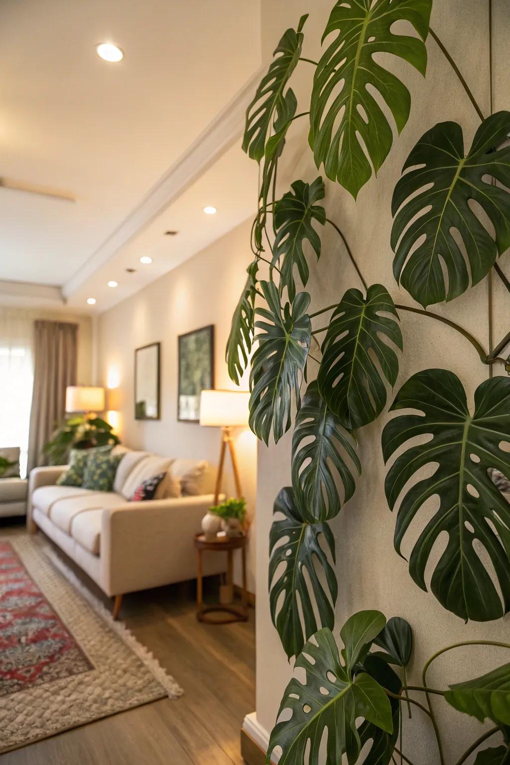 Inventive split-leaf philodendron leafy art that gives a living room wall dimension.