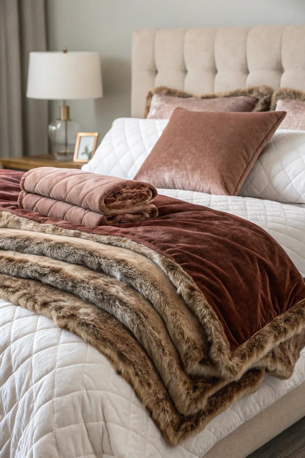 A bed layered with soft material and imitation fur bedding.