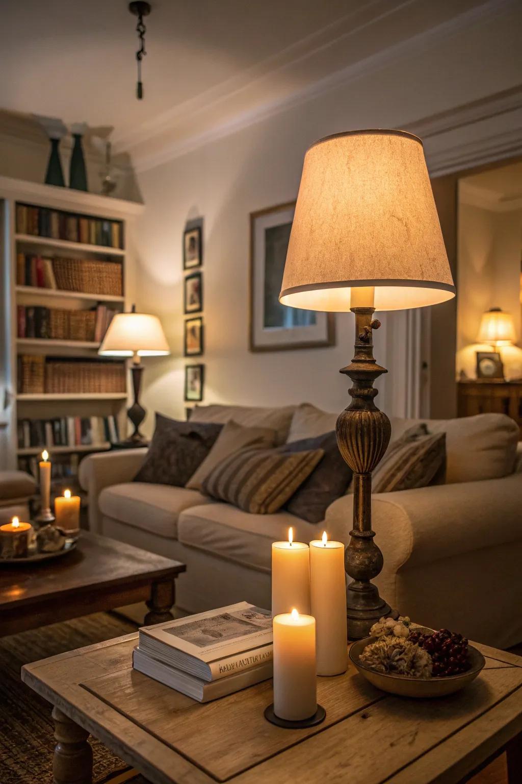 Cozy illumination from dimming lights and wax lights in a shadowy living area.
