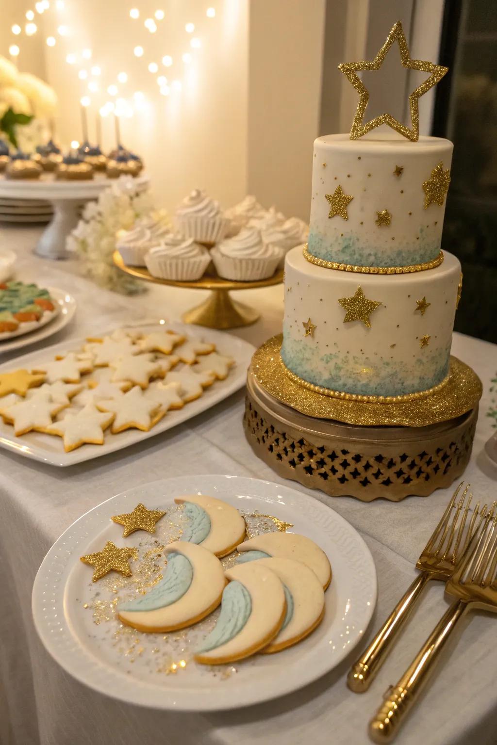 A celestial dessert table that offers sweet treats under the stars.