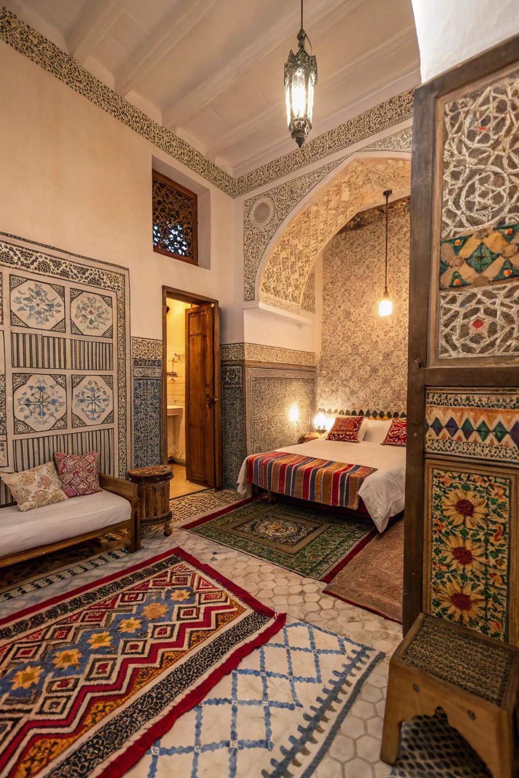 Geometric patterns craft a cultural masterpiece in your bedroom decor.