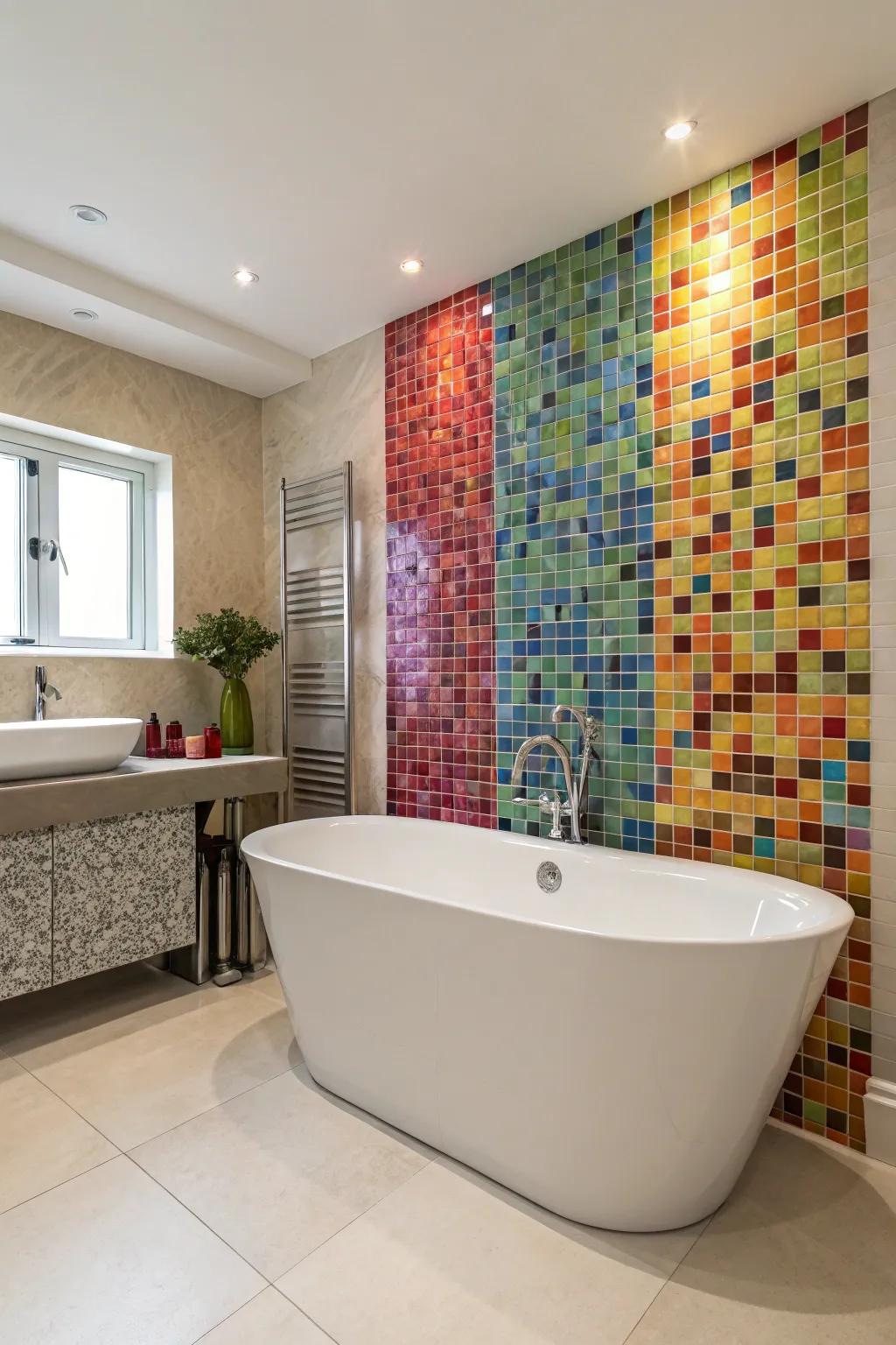 An impressive mosaic feature wall has the potential to redefine your bathroom's overall atmosphere.
