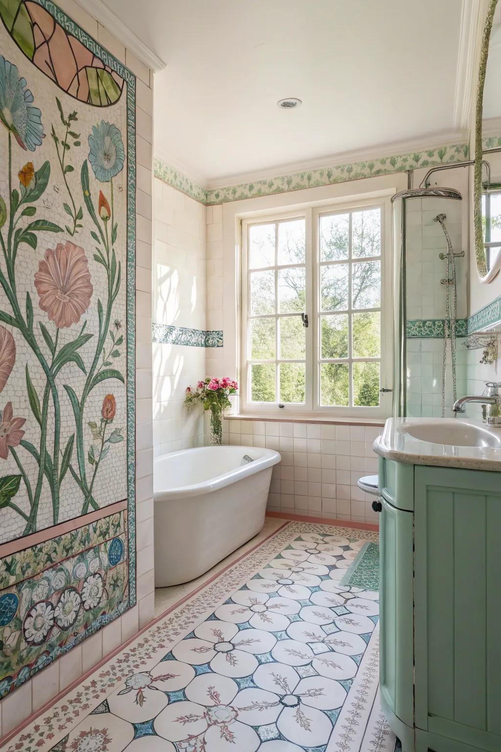 A bathroom morphed into a tranquil garden with floral mosaic tiles.