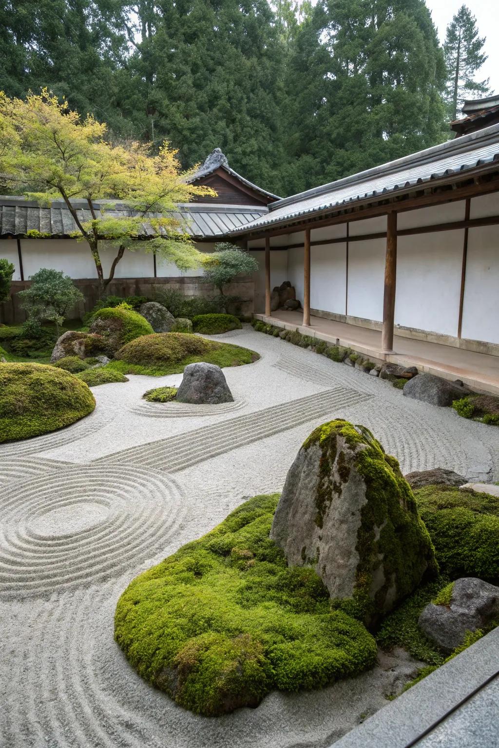 A calming Zen garden featuring moss rocks and artful sand patterns.