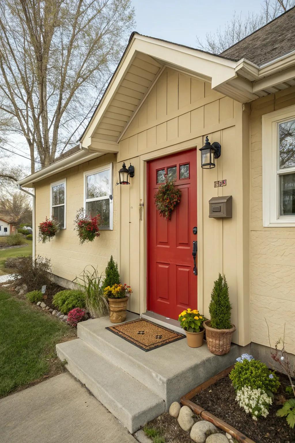 A scarlet entrance introduces a pop of color and character to a beige house.
