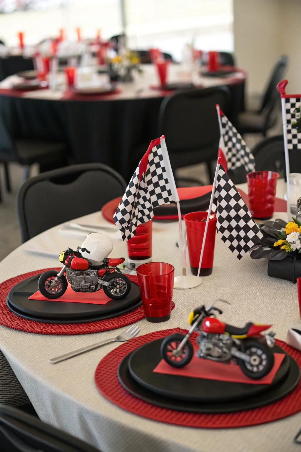 A bike-themed tablescape with bold accents.