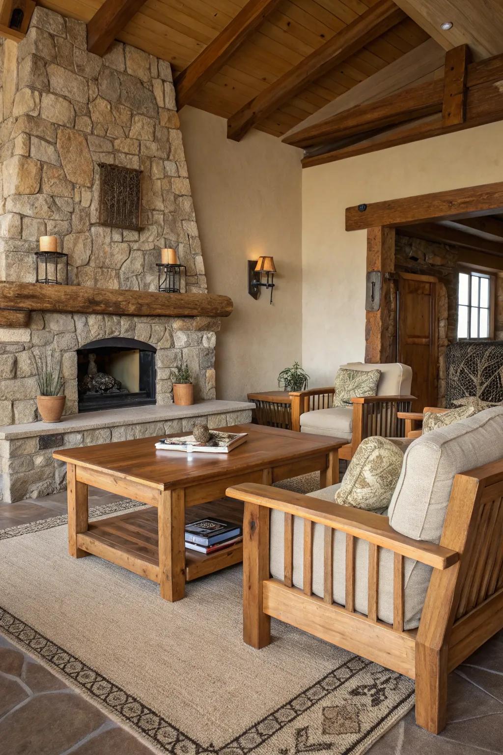 A country living room showcasing the charm of raw materials.