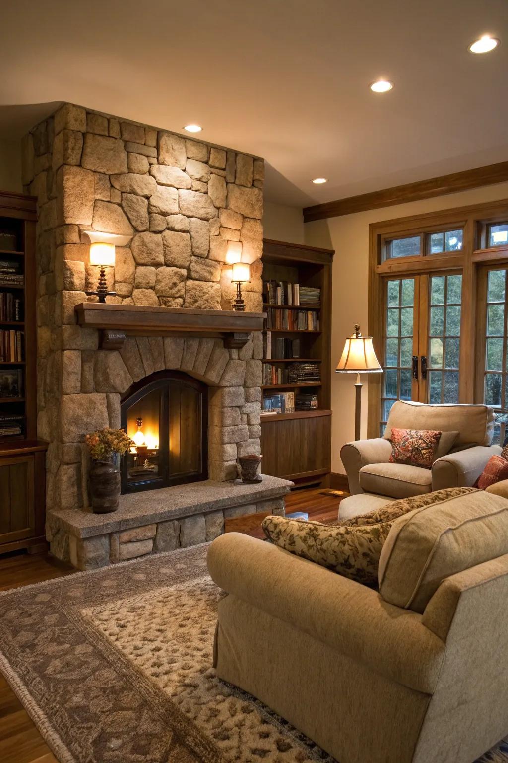 A stone fireplace serves as the centerpiece of this cozy living room.