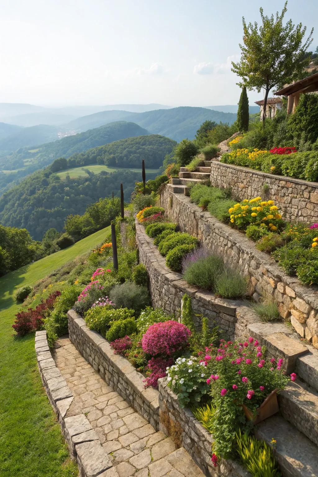 Tiered gardens featuring stone support structures, enhancing landscape depth.
