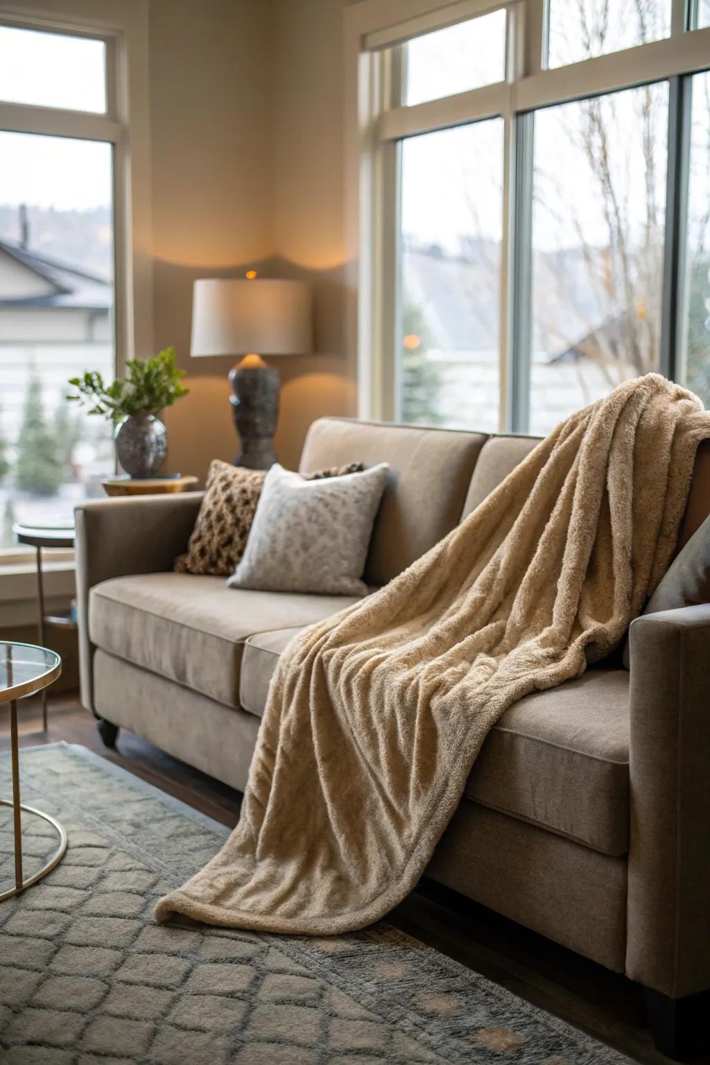 A cozy throw blanket perfect for snuggling up in a new home.