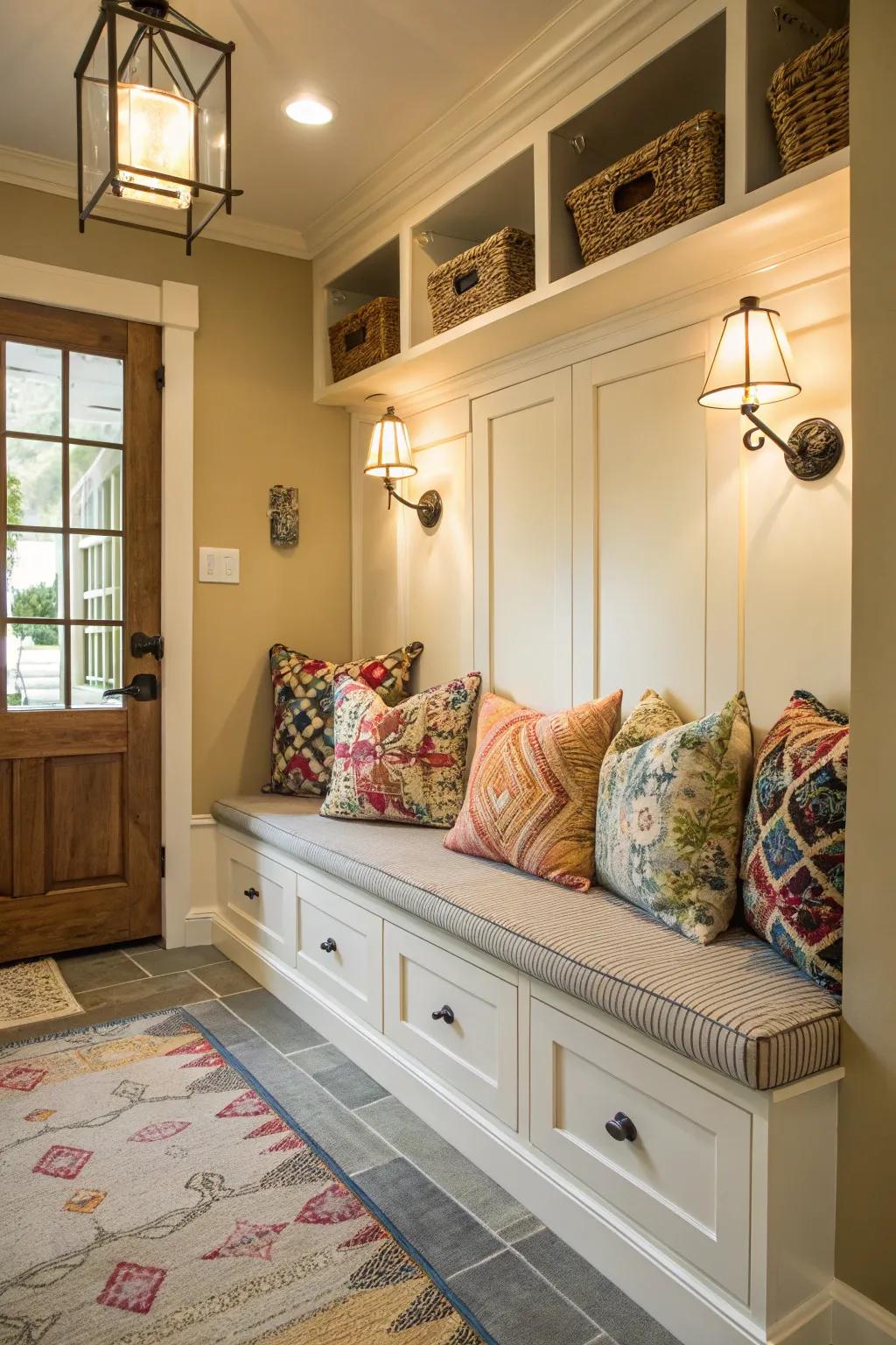 A comfy mudroom bench enhanced with bright cushions for a welcoming atmosphere.