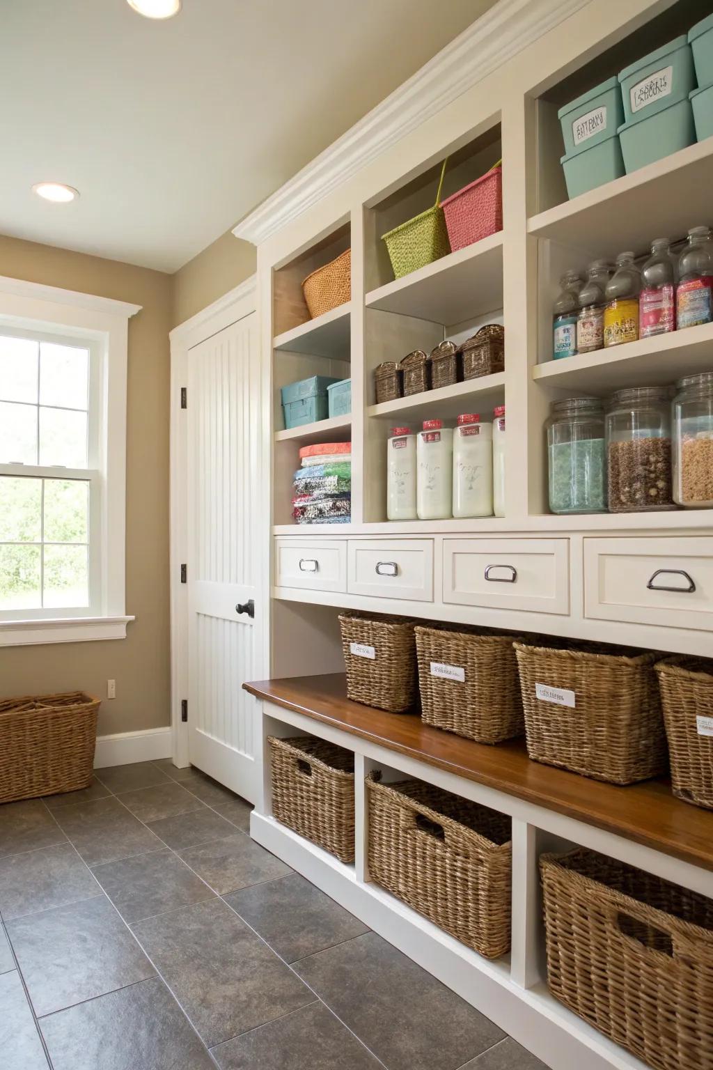 Custom shelving solutions ensure that essentials are well-organized and readily accessible, all while upholding a pristine visual appeal.