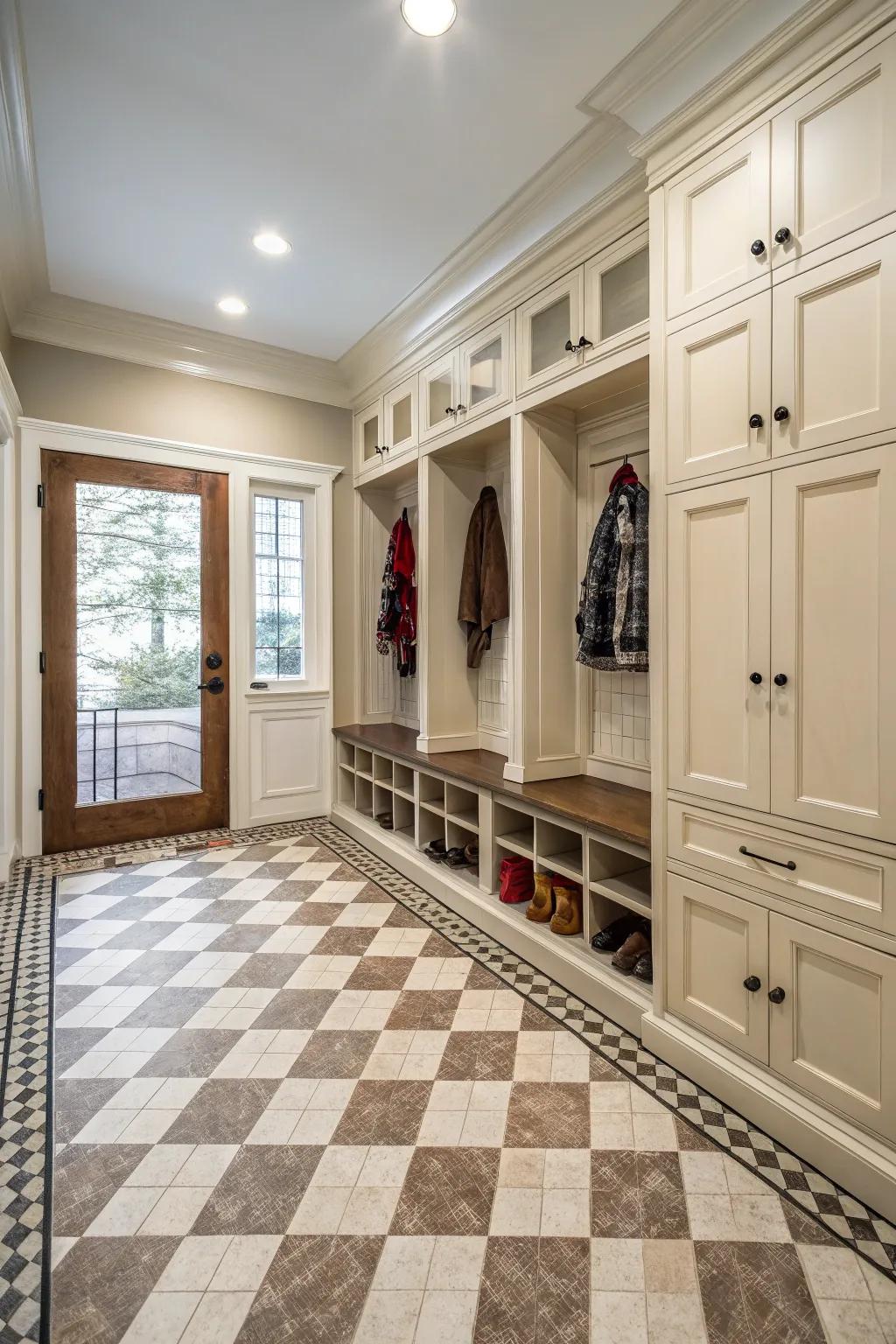 Any mudroom will gain timeless elegance from traditional checkerboard floor coverings.