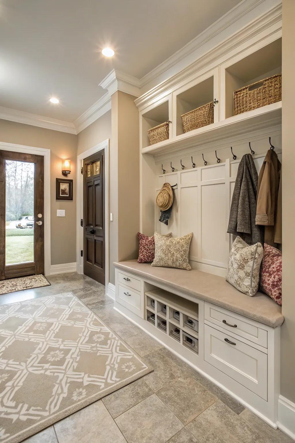 Neutral hues bringing sophistication to a mudroom
