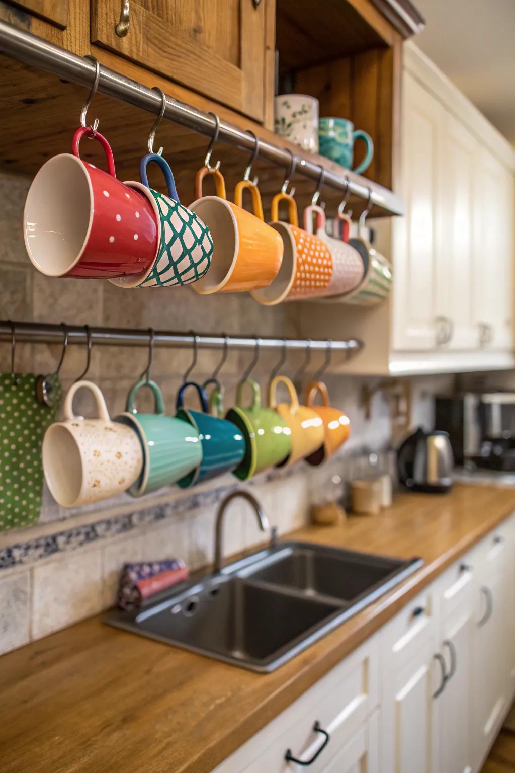 Amplify space by suspending mugs under your shelves.