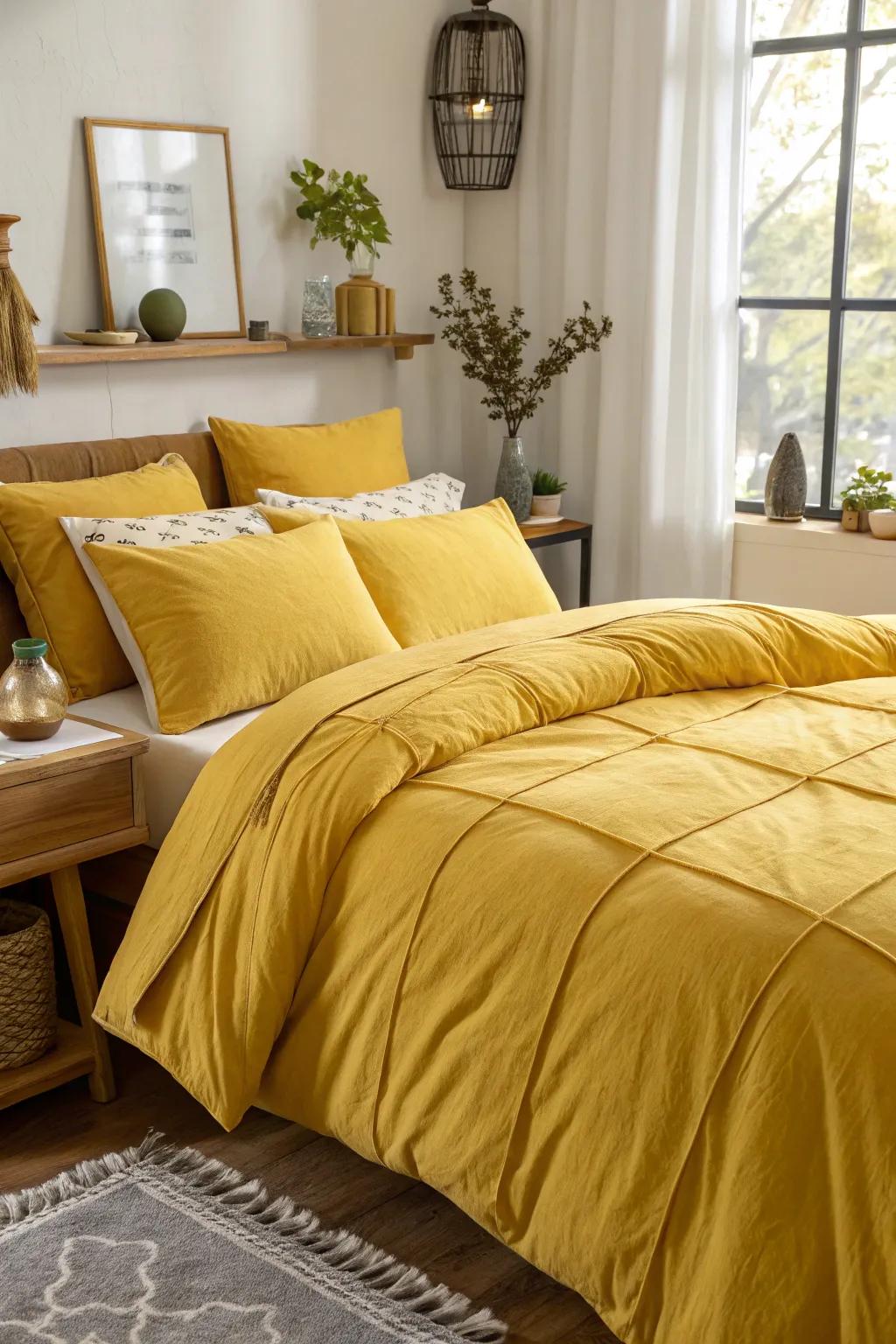 A bedroom showcasing elegant yellow bedding and comfortable pillows.