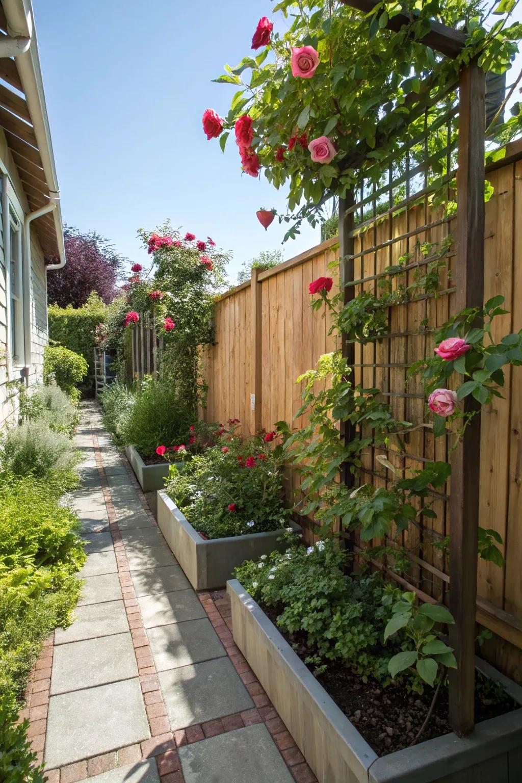 Upright planting incorporates lush strata to a slim garden.