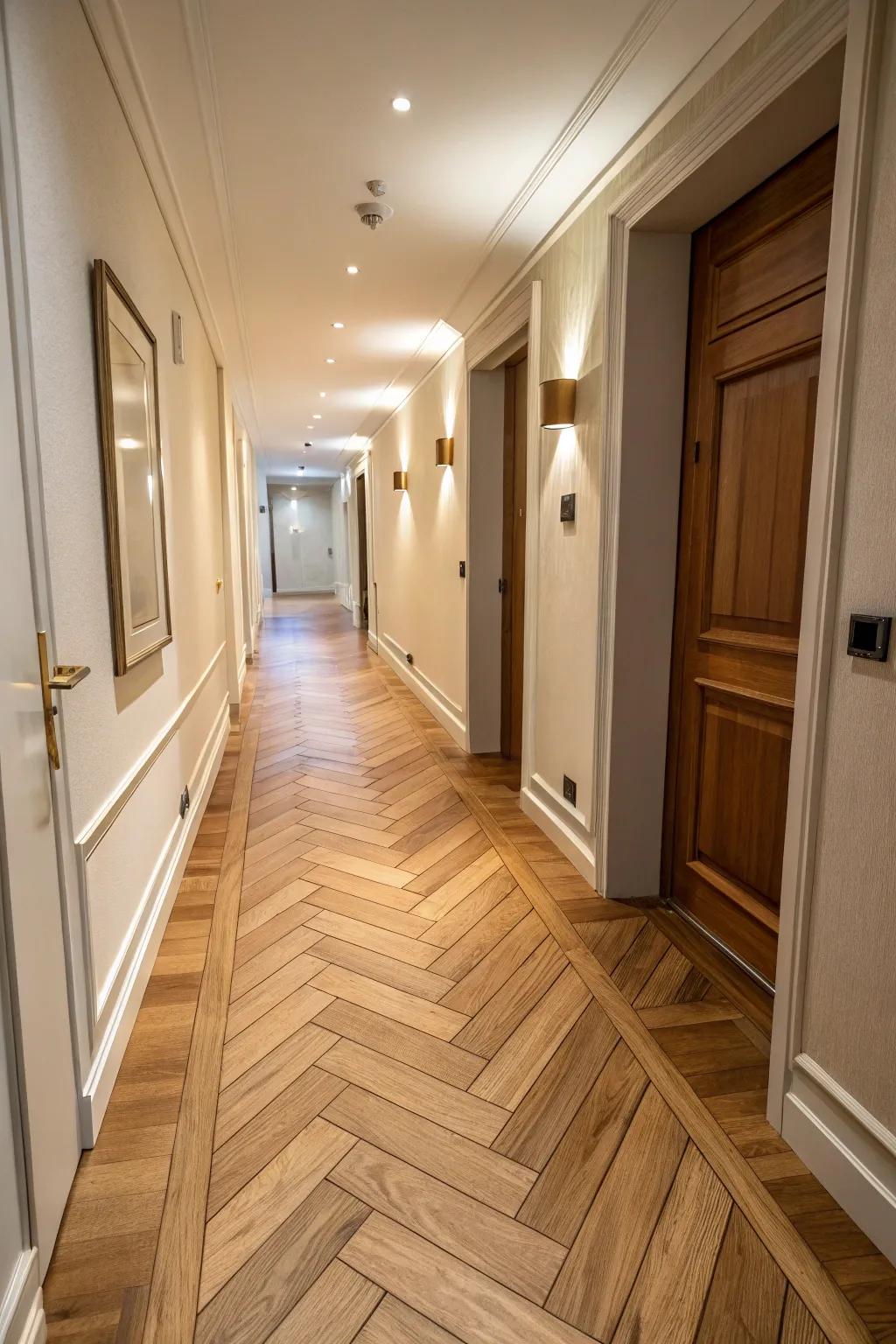 Wood floors laid in a herringbone arrangement can amplify the elegance of your hallway.