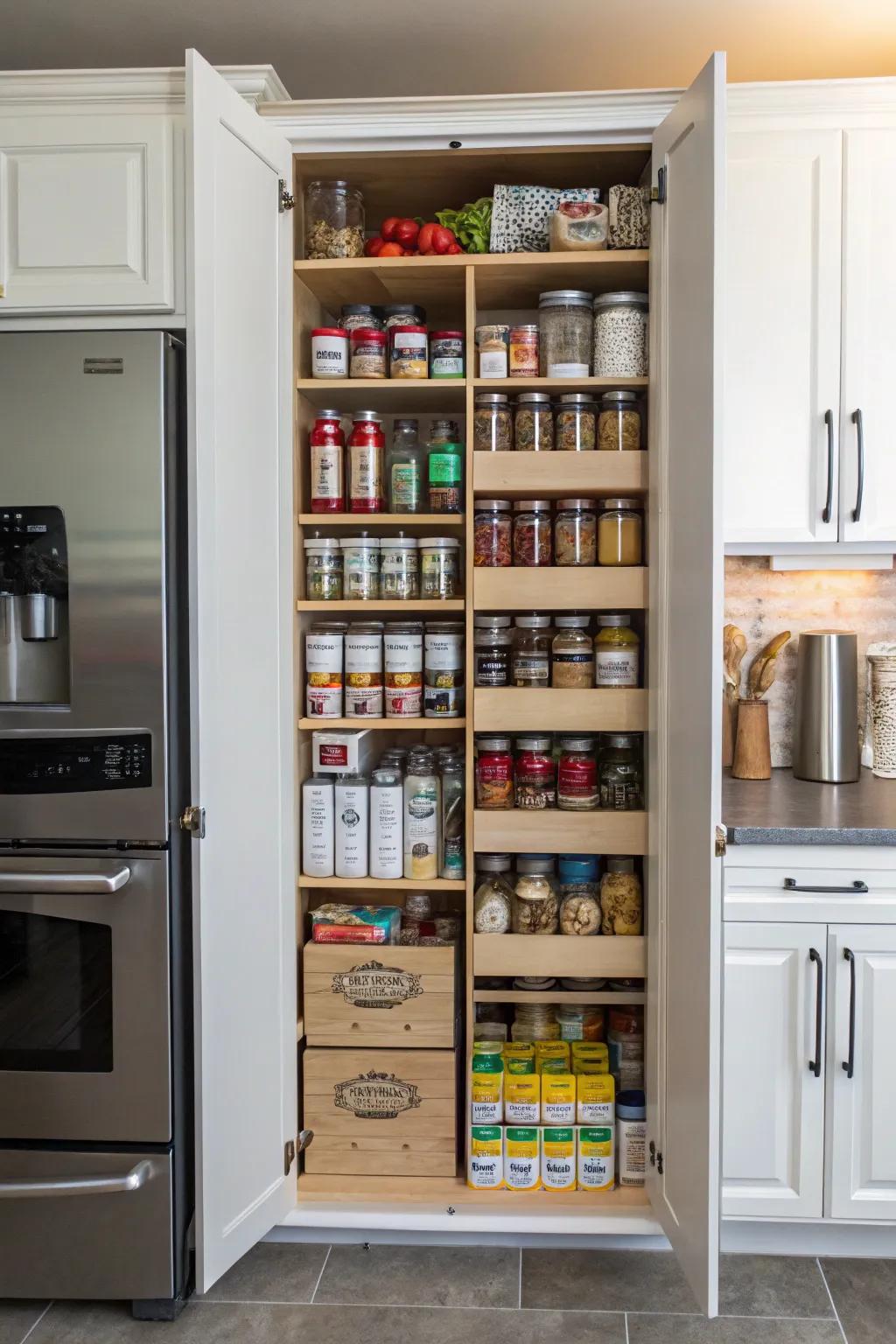 A tall, slim kitchen cabinet efficiently using vertical space for pantry storage.
