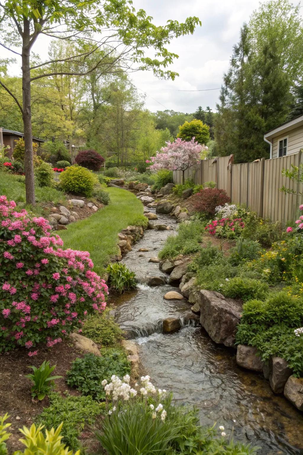 A curving stream that gives the backyard a natural feel.